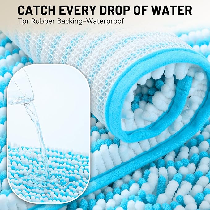 Ultra-Soft Bathroom Rug Set, 2-Piece – Absorbent, Non-Slip, Machine Washable Bath Mats for Bathroom, Shower, Sink, Kitchen （20" x 32" + 17" x 24"） Blue