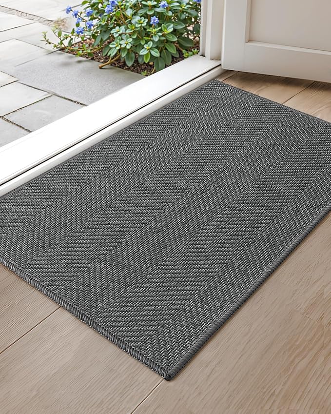 Color&Geometry Small Ultra Thin Indoor Door Mat 17"x30", Machine Washable Front Door Mat Non Slip, Low Profile Entrance Mat Indoor, Absorbent Carpet for Inside, Entry, Entryway, Dark Grey (FOLD)
