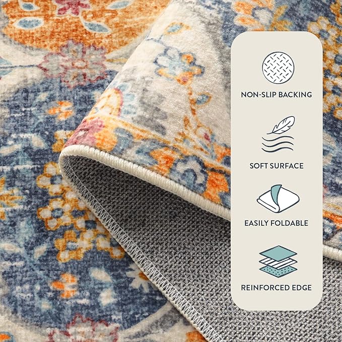 Lahome Moroccan Machine Washable Rugs for Living Room, 4x6 Rug for Bedroom Non-Slip Vintage Trellis Ultra-Thin Throw Carpet for Dining Room Office Nursery, Cream/Multi