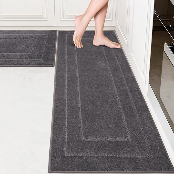 PURRUGS Machine Washable Kitchen Rug Set [2 PCS] (24" x 35.5"+ 24" x 59"), Non-Slip/Skid Kitchen Runner Rugs & Floor Mats, Super Absorbent Soft Standing Mats for Kitchen, Laundry & Sink, Grey