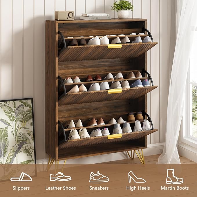 Shoe Storage Cabinet with 3 Flip Drawers, 31.5" W Fluted Shoe Cabinet for Entryway, Hidden Shoe Cabinet Storage, Narrow Free Standing Shoe Orgnaizer Rack Cabinet for Foyer Hallway, Natural