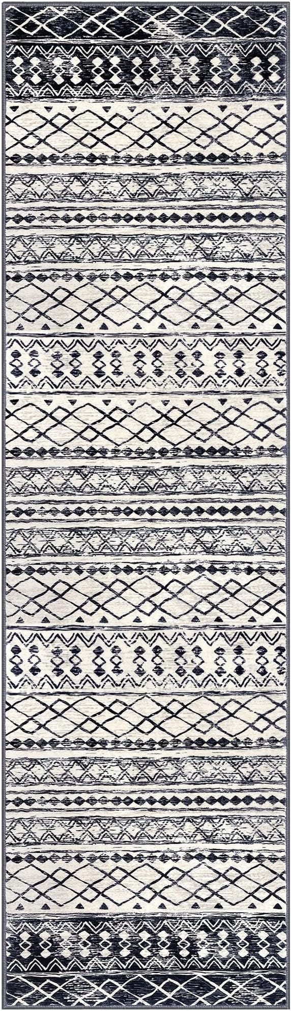 KUTA Moroccan Washable Runner Rug, 2.6x10 Non-Slip Vintage Black Navy Blue Boho Hallway Kitchen Rugs Ultra Soft Geometric Floor Carpet Runners for Bedroom Laundry Living Room