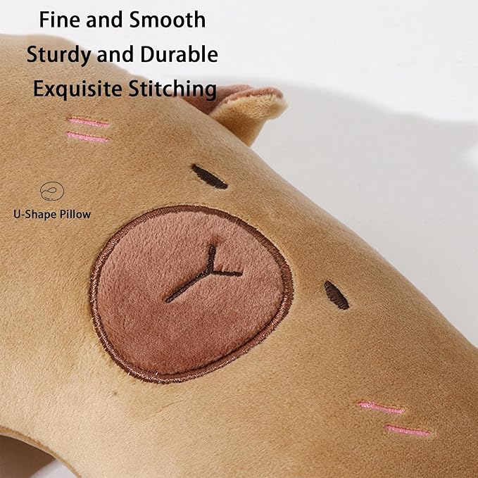 U Shape Travel Pillow - Capybara Plush 2 in 1 | Neck Support Cushion for Children Adults | Airplane Sleeping Pillow for Car Camping Office Road Trip Home | Soft Travel Comfort Accessory