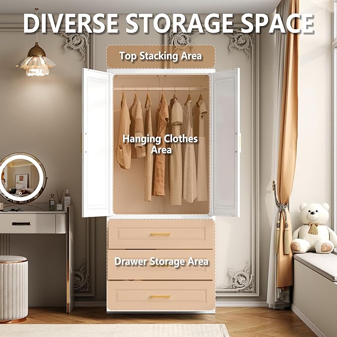 Metal Armoire Wardrobe Closet with Three Drawers, 71“ Tall Large Wardrobe Cabinet with Hanging Rod, Freestanding Wardrobe Cabinet with Doors and Shelves for Bedroom, White, Assemble Required
