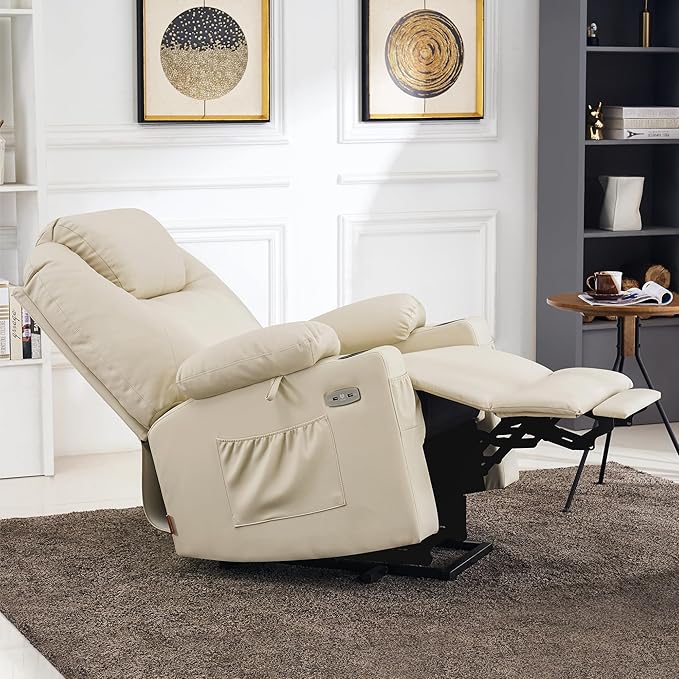 MCombo Large Power Lift Recliner Chair with Massage and Heat for Tall Elderly People, 3 Positions, Cup Holders, and USB Ports, Faux Leather 7516 (Large, Cream White)