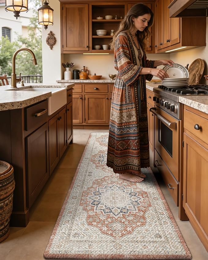 DEXI Kitchen Floor Mats Anti Fatigue, 23x59 Large Cushioned Vintage Runner Rug Waterproof, Standing Comfort Memory Foam Padded for Front Sink Laundry Office, Orange and White