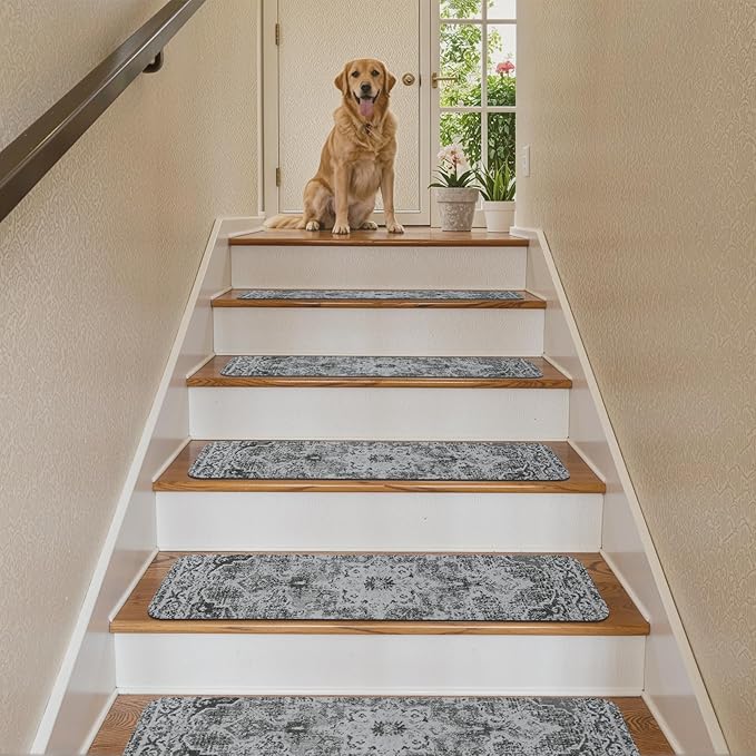 OJIA Stair Treads Non Slip Stair Runners for Wooden Steps Indoor, 15PCS 8"x30" Rubber Backing Carpet Treads for Wood Stairs Staircase Step Treads for Kids & Dogs, Stair Covers Safety Mats