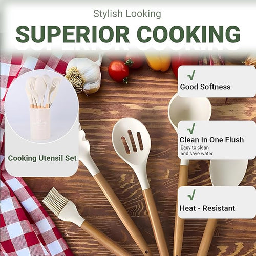 12-Piece Silicone Kitchen Utensil Set with Wooden Handles – Heat Resistant Cooking Tools – Spatula, Spoon, Tongs, Whisk & Holder – Nonstick Cookware Safe – White, Gray, Black (White)