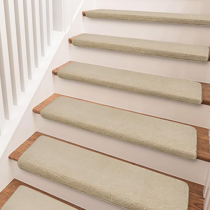 PURE ERA Carpet Stair Treads Ultra Plush 9.5" X 30"Soft Bullnose Indoor Stair Protectors Pet-Friendly Non-Slip Skid Resistant Tape Free Washable Reusable(7 Pieces,Beige)