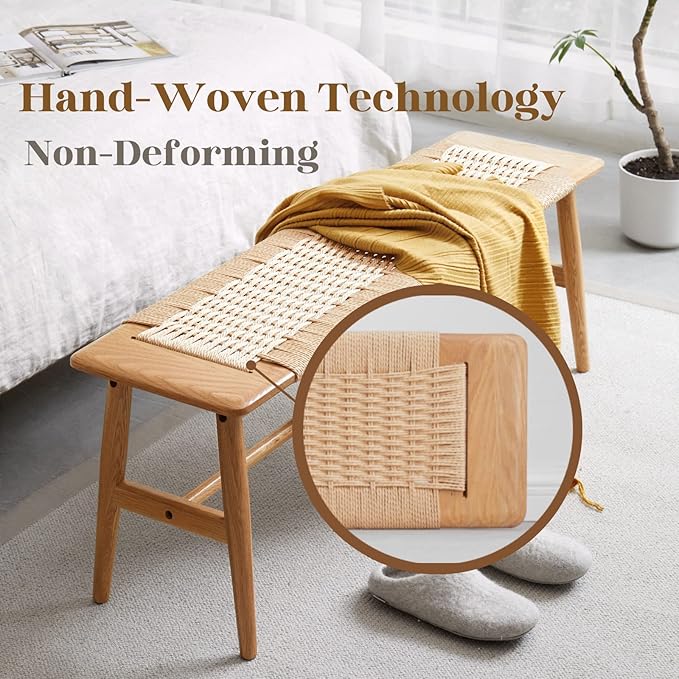 32" L 100% FAS Oak Wooden Bench Indoor - Solid Wood Rope Woven Entryway Bench, Dining Bench, Boho Furniture for Entryway, Dining Room, Bedroom, Kitchen (Natural)
