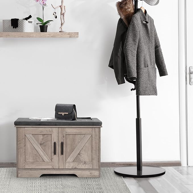 2-Tier Storage Bench, 27.6" Wide Shoe Bench with Padded Seat Cushion, Entryway Bench with 2 Barn Doors and Adjustable Shelf, Greige