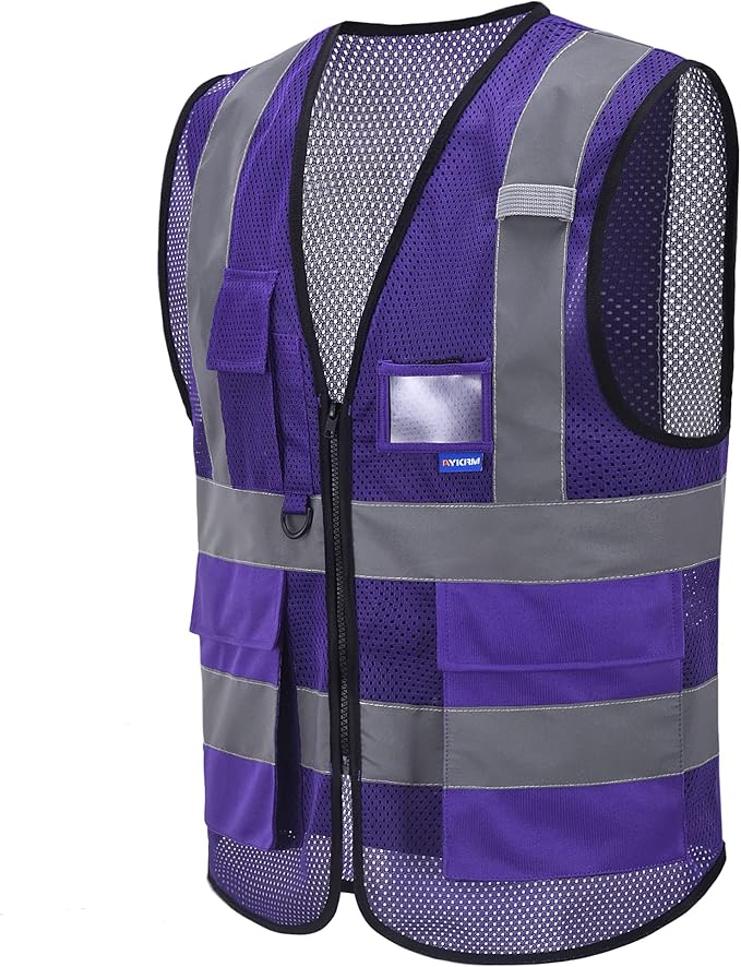 A-SAFETY High Visibility Mesh Safety Reflective Vest with Pockets and Zipper,Hi Viz Work Vest for Men Women (Purple Mesh L)
