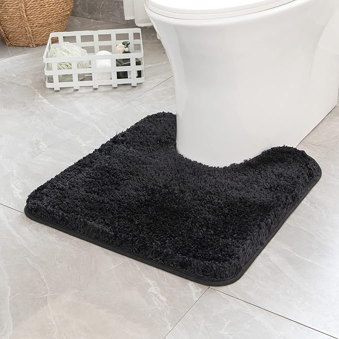 MIULEE Microfiber Toilet Bath Mat U-Shaped Contour Shaggy Bathroom Rugs Non Slip Extra Thick Soft Bath Rug Absorbent Water for Bathroom Commode Machine Washable(20x20 Inch, Black)