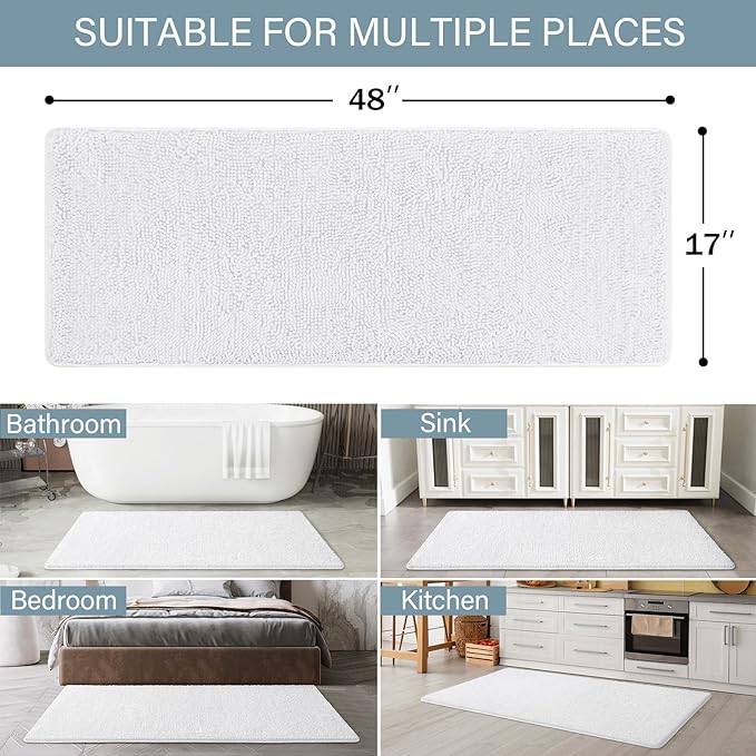 LOCHAS Luxury Bathroom Rug Shaggy Bath Mat 48 x 17 Inch, Washable Non Slip Bath Rugs for Bathroom Shower, Soft Plush Chenille Absorbent Carpets Mats, White