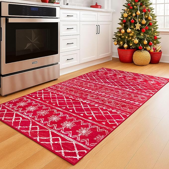 KUTA 3x5 Christmas Rugs for Entryway, Moroccan Boho Washable Area Rugs for Living Room Non Slip, Red Ultra Soft Print Distressed Geometric Low-Pile Entry Throw Carpet for Bedroom Nursery Dorm