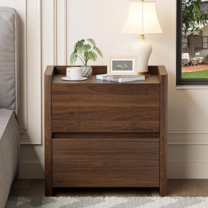 Nightstand with 2 Storage Drawer, Modern End Table for Bedroom with Cut-Out Handle, Large Night Stands for Bedroom, Home Office, Set of 1, Walnut