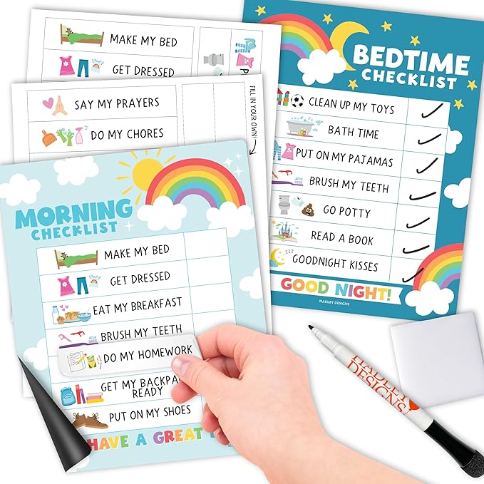 Magnetic Morning & Bedtime Routine Chart for Kids - Customizable Toddler Daily Schedule Board with Dry Erase Surface, Stickers & Marker, Build Habits with Visual Checklists, Colorful Theme