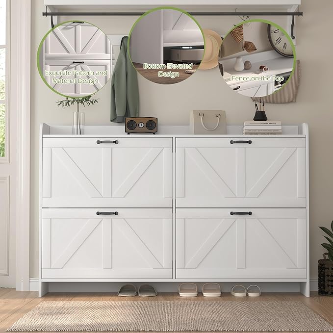 Shoe Storage Cabinet with 4 Flip-Drawers, 46 Inch Narrow Farmhouse Shoe Organizer with Metal Handles & Adjustable Shelves, Freestanding Shoe Rack Cabinet for Entryway, Hallway (White)