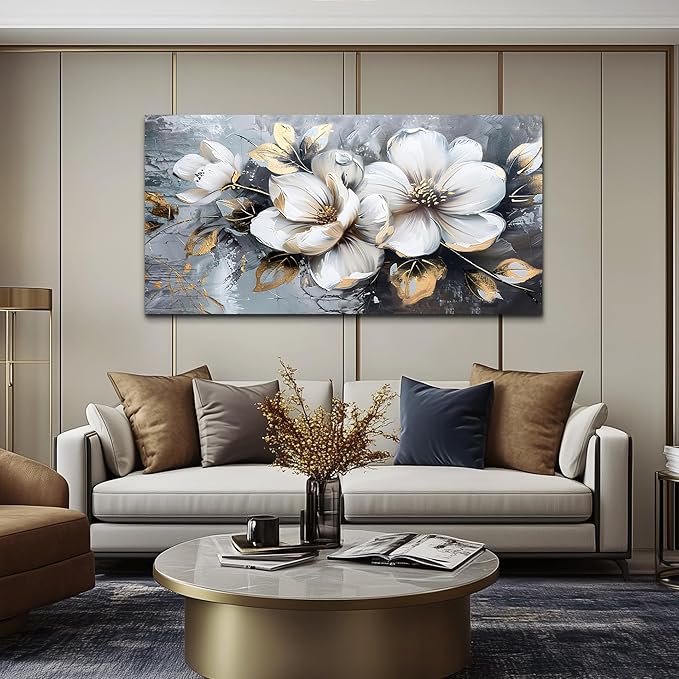 KELIYUAN Large Canvas Wall Art For Bedroom Wall Decor For Living Room Office Decorations Abstract White Flowers Paintings Pictures Artwork Modern Framed Posters Home Decor Ready To Hang 24"x48"
