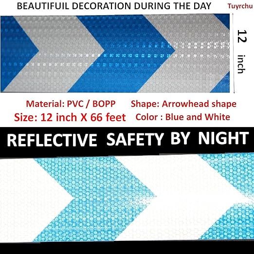 Blue and White Reflective Tape Outdoor Waterproof 12 inch, High Visibility Hazard Conspicuity Safety Industrial Marking Tape (66 feet)