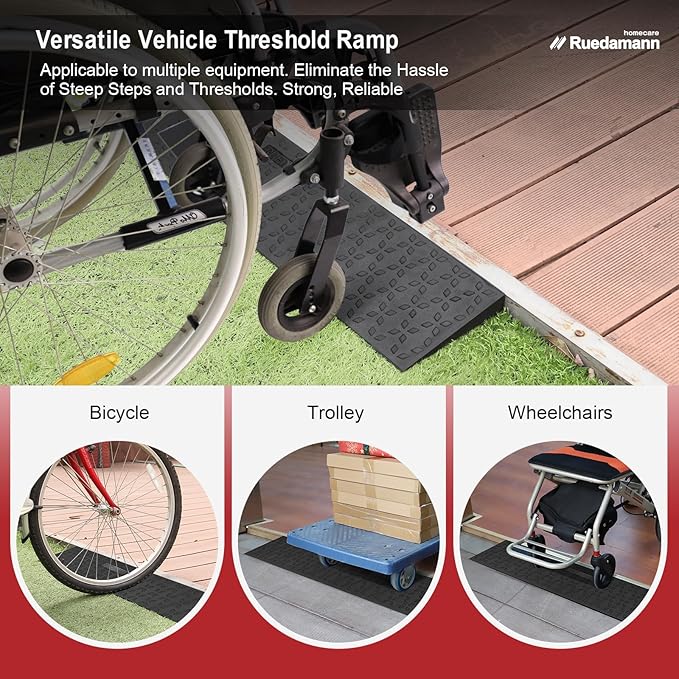 Ruedamann 0.6" Rise Threshold Ramps for Doorways, Sturdy Rubber Threshold Ramp, Non-Slip Ramp for Wheelchair for Home, Adjustable and Cuttable for Wheelchairs, Scooters, Sweepers, Curbs