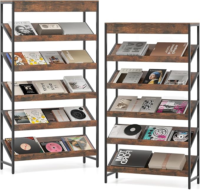 Tangkula 6-Tier Bookshelf, Tall Freestanding Bookcase with Angled Shelves, Industrial Display Rack Storage Organizer with Metal Frame & Anti-Tip Kits for Home Office Living Room (2, Rustic Brown)