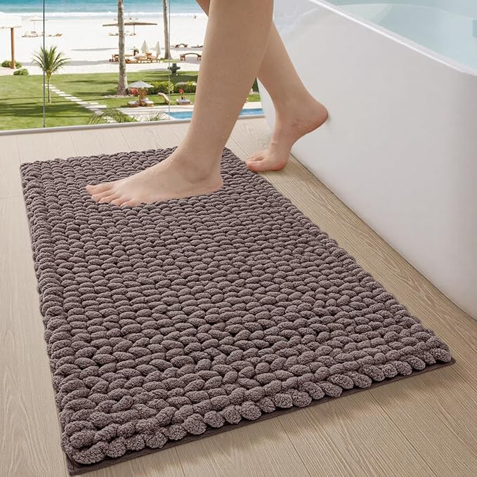 LUMI Luxury Bathroom Rug, Ultra Soft Quick Dry Bath Mat, Non-Slip Absorbent Thick Chenille Bath Rug, Cozy Braid Design Floor Mat for Bathtub, Sink, Laundry, Bedroom, Brown, 24"x43"