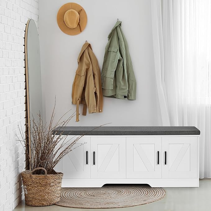 2-Tier Storage Bench, 47.2" Wide Shoe Bench with Padded Seat Cushion, Entryway Bench with 4 Barn Doors and Adjustable Shelf, White