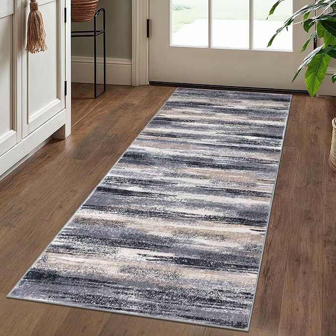 Modern Abstract Runner Rug 2x5, Grey Black Multi Washable Kitchen Runner Entryway Rug Mat Non-Slip Soft Hallway Rug Runner Thin Print Faux Wool Carpet for Bedroom Laundry Room Indoor