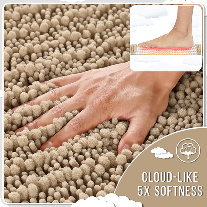 Yimobra Long Bathroom Rugs Non Slip Washable 44x24 Inch - Ultra Soft Absorbent Chenille Bath Mat, Quick Dry Shaggy Floor Carpet for Tub Shower, Camel Home Decor Accessories
