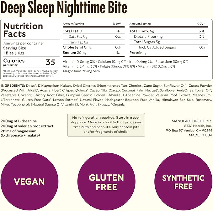 GEM Sleep Aid, Nighttime Bite, 7 Pack, Melatonin Free, L-Theanine, Magnesium, Valerian Root Extract | Vegan and Gluten Free | Earthy Chocolate Cherry, Trial Size