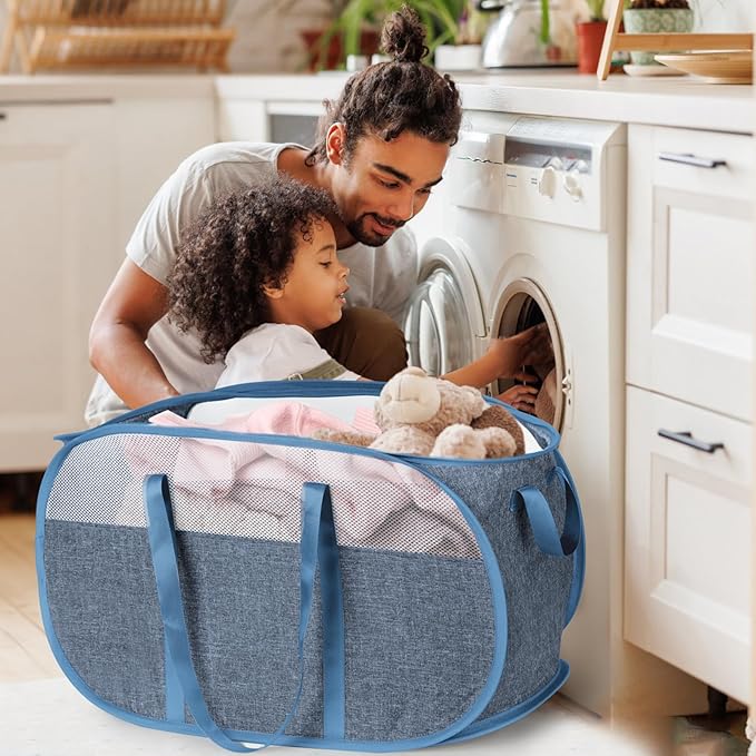 100L Collapsible Laundry Baskets, Tear Proof Pop Up Laundry Hamper with Dual Handles, Large Foldable Laundry Basket, Easy to Carry Laundry Hamper for Home, Laundry Room, Bedroom, Dorm, Travel Blue
