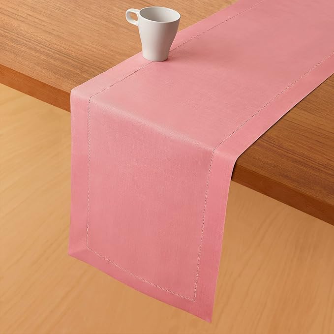 D'Moksha Homes Linen Dusty Pink Table Runner 72 Inches Long - 100% Pure Linen Hemstitch Table Runner 14 x 72 Inch for Dresser, Dining, Valentines, Spring, Easter - Classic Hemstitch