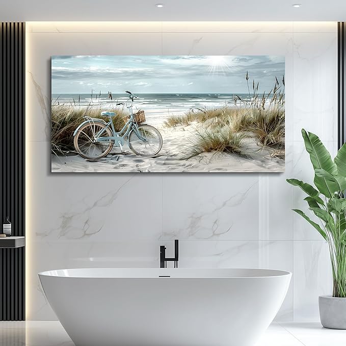 FUHAIHUA Wall Art For Living Room Canvas Decor For Bedroom Modern Office Decorations Blue Beach Bicycle Seascape Paintings Ocean Landscape Pictures Artwork Ready To Hang Home Decor