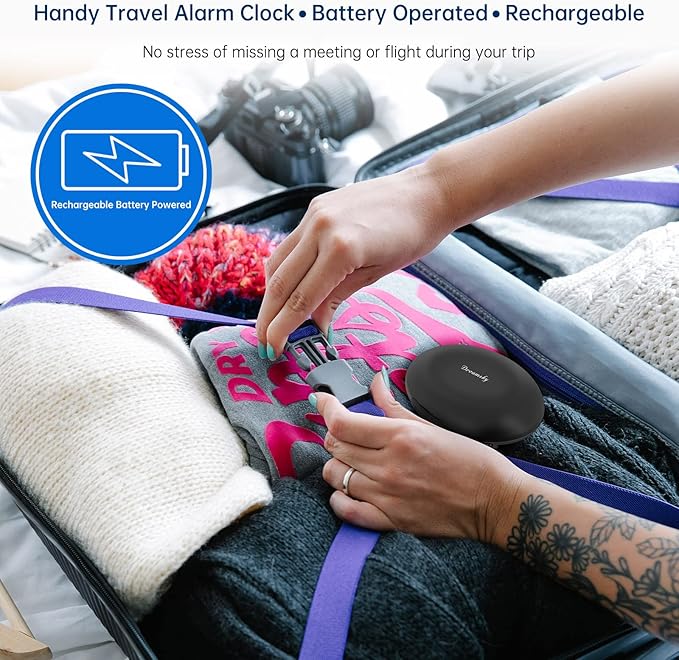 DreamSky Vibrating Alarm Clock for Heavy Sleepers - Auto Set Bed Shaker Alarm Clock Under Pillow for Hearing Impaired, Bedroom, Travel, Rechargeable Battery Operated, Cordless, Auto DST, LCD Backlight