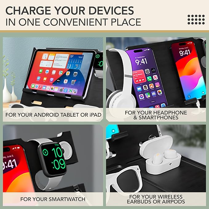 Nightstand Organizer with Drawer- Wood Phone Docking Station- Desk Organizer for Two Phones or Tablet, Watches, Headphone & Accessories- Unique Gifts for Men, Dad or Son (Black)