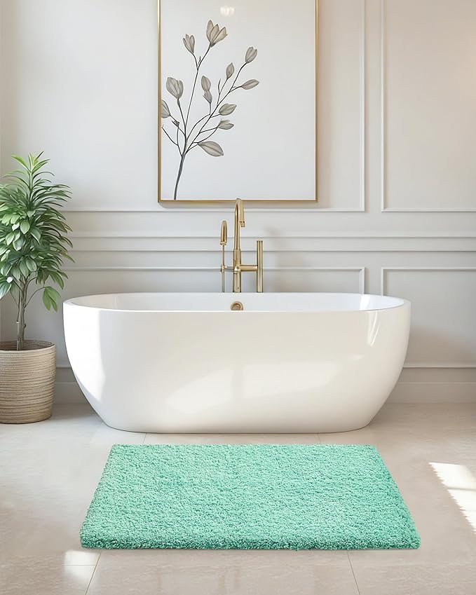 ILANGO Spa Blue Bathroom Rugs 24" × 17" Small Non Slip & Super Absorbent Extra Thick Soft, Washable Bath Mat for Floor, Microfiber Plush Shaggy Bath Rug with Rubber for Bathtub Shower Room Sink