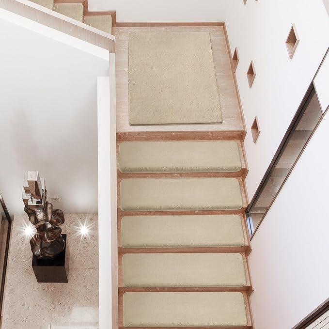 PURE ERA Carpet Stair Treads Ultra Plush 9.5" X 30"Soft Bullnose Indoor Stair Protectors Pet-Friendly Non-Slip Skid Resistant Tape Free Washable Reusable(14 Pieces,Beige)