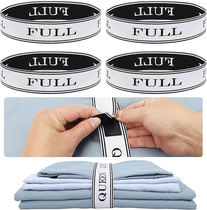 Bed Sheet Organizer Bands with Hook and Loop Adjustable Sheet Organizers and Storage Label Bands for Linen Closet-Elastic Bedding Sheet Keeper Straps for Bedsheet Sets (Full 4PCs)