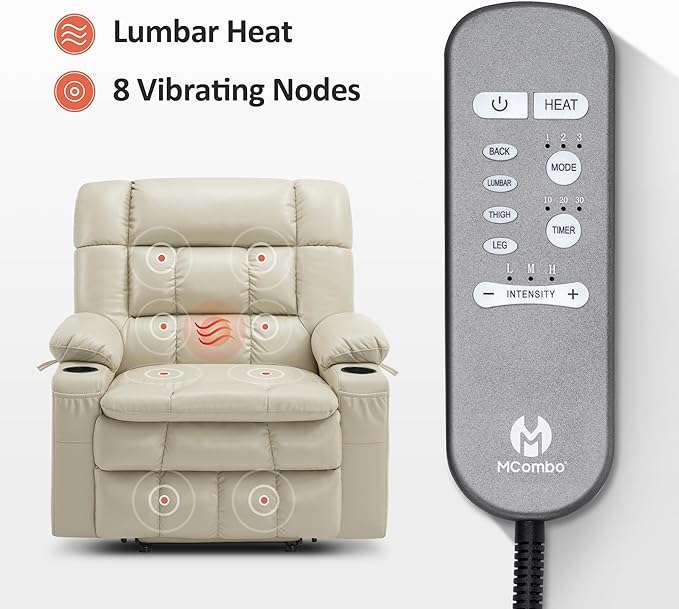 MCombo Dual Motor Power Lift Recliner Chair for Elderly, Lay Flat Lift Chair with Heat and Massage, Extra Wide Lift Recliner for Big People, Cup Holders, Faux Leather R7897 (Cream White, Medium-Wide)