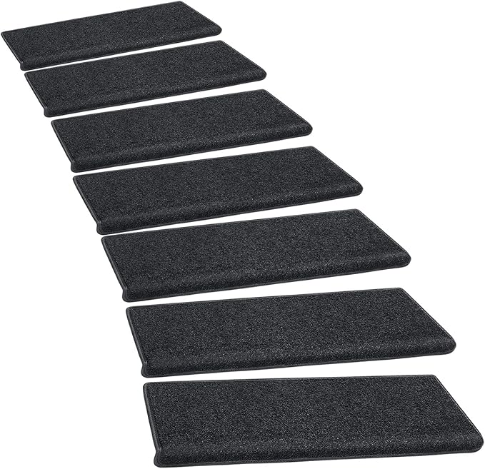 PURE ERA Bullnose Carpet Stair Treads Set Tape Free Non-Slip Indoor Stair Protectors Pet Friendly Rugs Covers Soft Skid Resistant Washable Reusable 9.5" x 30"(7 Pieces,Black)