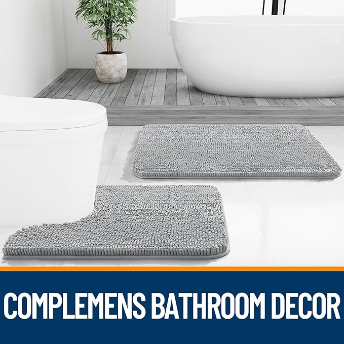 OLANLY Bathroom Rugs Sets 2 Piece, Soft Absorbent Chenille Bath Mats and U-Shaped Contour Toilet Mat Area Rug Set, Machine Washable Bath Carpet, Home Decor Accessories(30"x20"+24"x20", Light Grey)