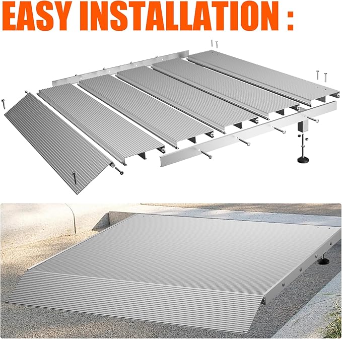 Aluminum Adjustable Threshold Ramp for Wheelchairs, 36" x 36" Doorway Ramp with 3.4"–7.2" Rise, Self-Supporting Entry Ramp for Uneven Surfaces, 880 lb Capacity with Non-Slip Mat