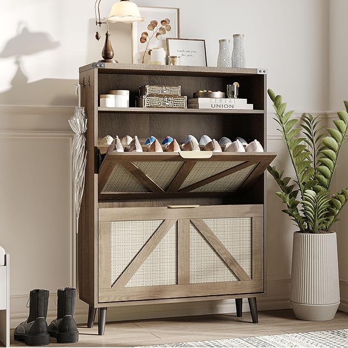 Shoe Cabinet with 2 Flip Drawers & Open Storage,Farmhouse Shoe Storage Cabinet for Entryway,Freestanding Narrow Organizer Rack with Legs,Foyer,Hallway,Rustic Oak Rattan