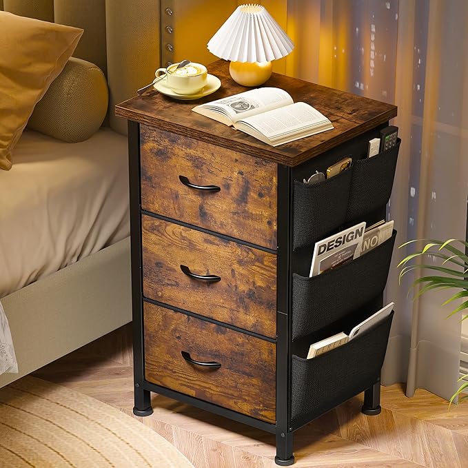 EnHomee Tall Nightstand,Night Stand with Drawers for Bedroom,Bedside Table with Wooden Top,Sturdy Steel Frame End Table,Dorm Small Nightstand for Bedroom,Entryway,Closet,Cloth Bags,Rustic Brown