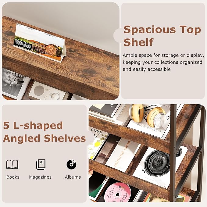 Tangkula 6-Tier Bookshelf, Tall Freestanding Bookcase with Angled Shelves, Industrial Display Rack Storage Organizer with Metal Frame & Anti-Tip Kits for Home Office Living Room (2, Rustic Brown)