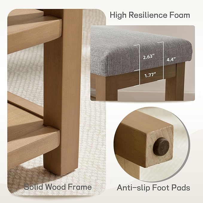 2 Tier Shoe Rack Bench with Cushion, Solid Wood Shoe Benches, Mid-Century Modern Shoe Storage Bench for Entryway, Hallway, Living Room, Closet, Front Door Entrance, (Grey, 39.4")