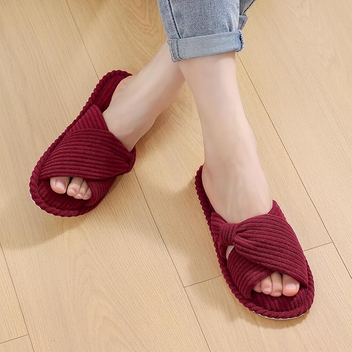 Evshine Fall House Slippers for Women Corduroy Cross Bow Indoor Slippers Open Toe Slip On Bedroom Shoes with Memory Foam