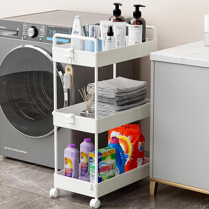 Ronlap 3 Tier Slim Rolling Storage Cart with Wheels Plastic Utility Cart Organizer for Snack Craft Art Postpartum Baby Diaper Nail Makeup in Bathroom Laundry Room Kitchen Bedside Narrow Space, White