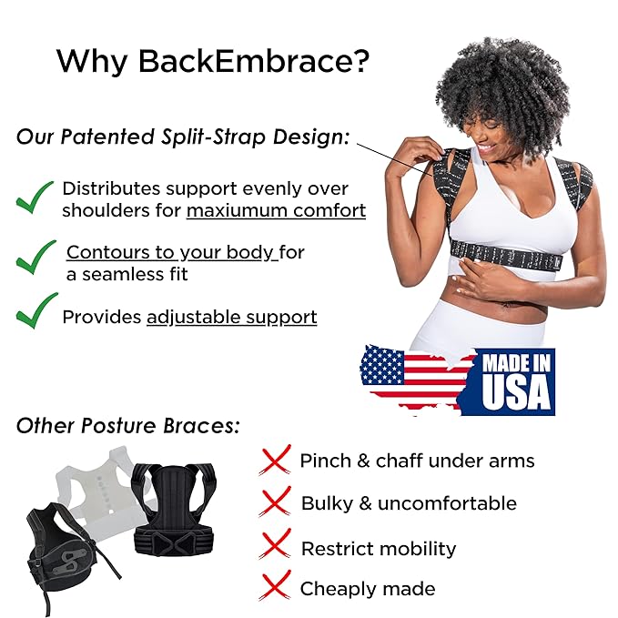 BackEmbrace Posture Corrector for Women and Men - Made in USA - Slim and Adjustable Shoulder Brace - Back Brace for Back Pain Relief - Black Drizzle XL